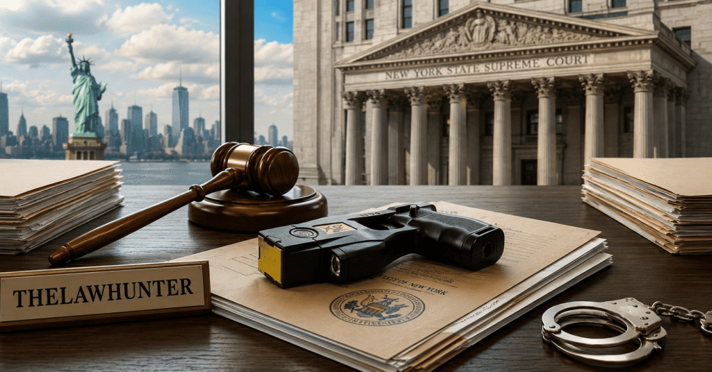 Taser on legal documents with a judge’s gavel and New York courthouse in the background, highlighting New York Taser laws.
