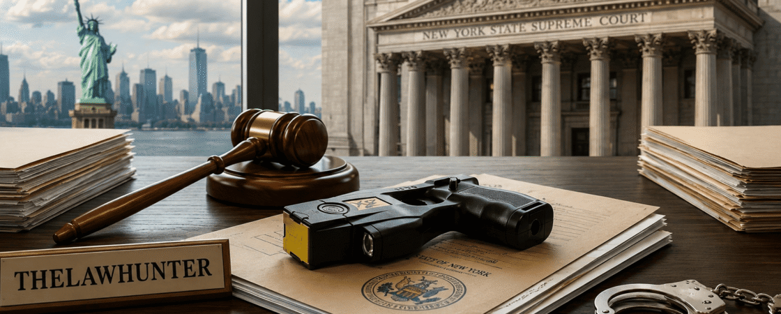 Taser on legal documents with a judge’s gavel and New York courthouse in the background, highlighting New York Taser laws.
