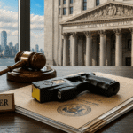 Taser on legal documents with a judge’s gavel and New York courthouse in the background, highlighting New York Taser laws.