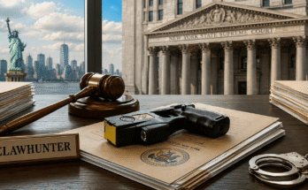 Taser on legal documents with a judge’s gavel and New York courthouse in the background, highlighting New York Taser laws.