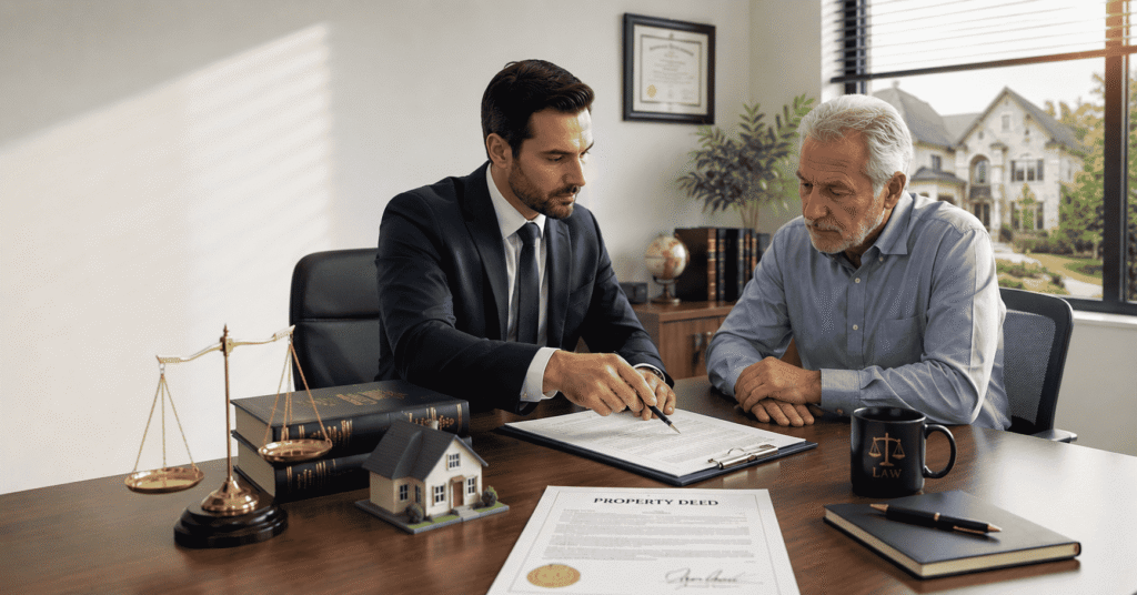 Lawyer explaining property deed and power of attorney documents to a homeowner in a modern office.