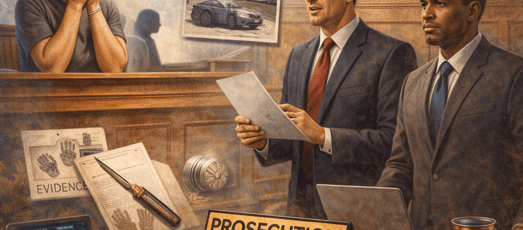 Courtroom scene showing prosecutors presenting evidence before a judge in a criminal case proceeding without a witness present.