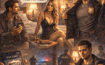 Undercover police sting operation scene showing officers revealing identity during an escort solicitation investigation in a hotel room.