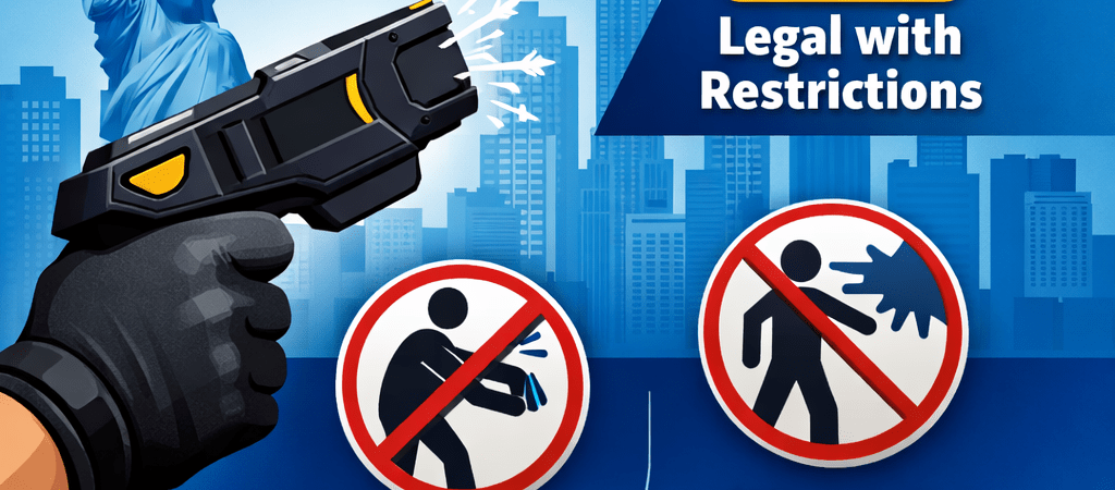 Citizen use of Tasers in NY infographic showing self-defense rules and legal restrictions.