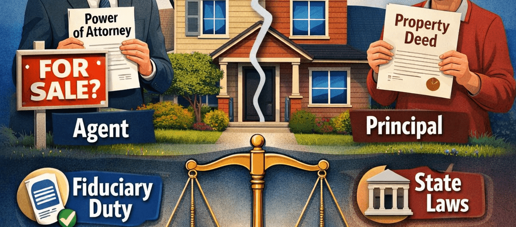Infographic showing a Power of Attorney agent and property owner with house, legal scales, and deed, explaining property ownership transfer rules.