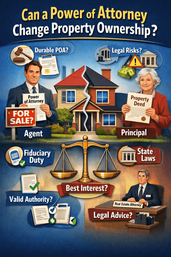 Infographic showing a Power of Attorney agent and property owner with house, legal scales, and deed, explaining property ownership transfer rules.