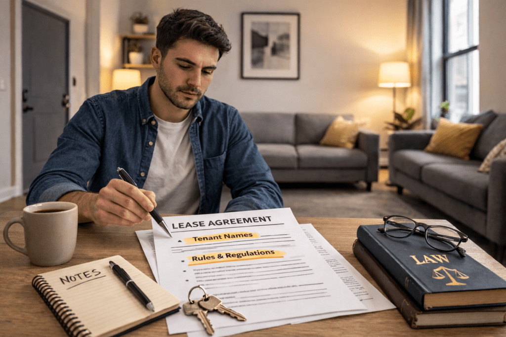 Man reviewing lease agreement at home with keys and law book on table.