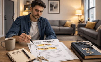 Man reviewing lease agreement at home with keys and law book on table.
