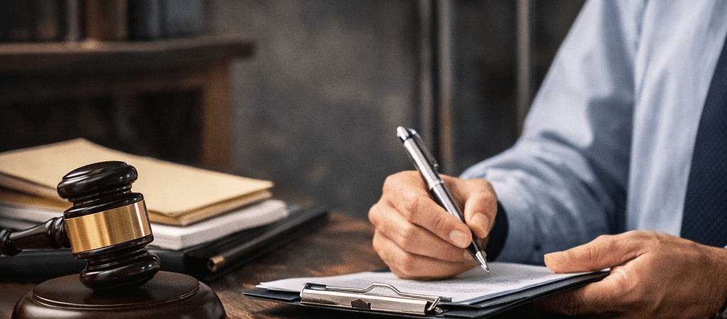 **Alt Text:** Lawyer signing legal documents beside a judge’s gavel and handcuffs, symbolizing strategies to avoid jail time for a misdemeanor charge.