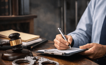 **Alt Text:** Lawyer signing legal documents beside a judge’s gavel and handcuffs, symbolizing strategies to avoid jail time for a misdemeanor charge.