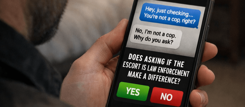 Man checking a phone message asking if the escort is law enforcement