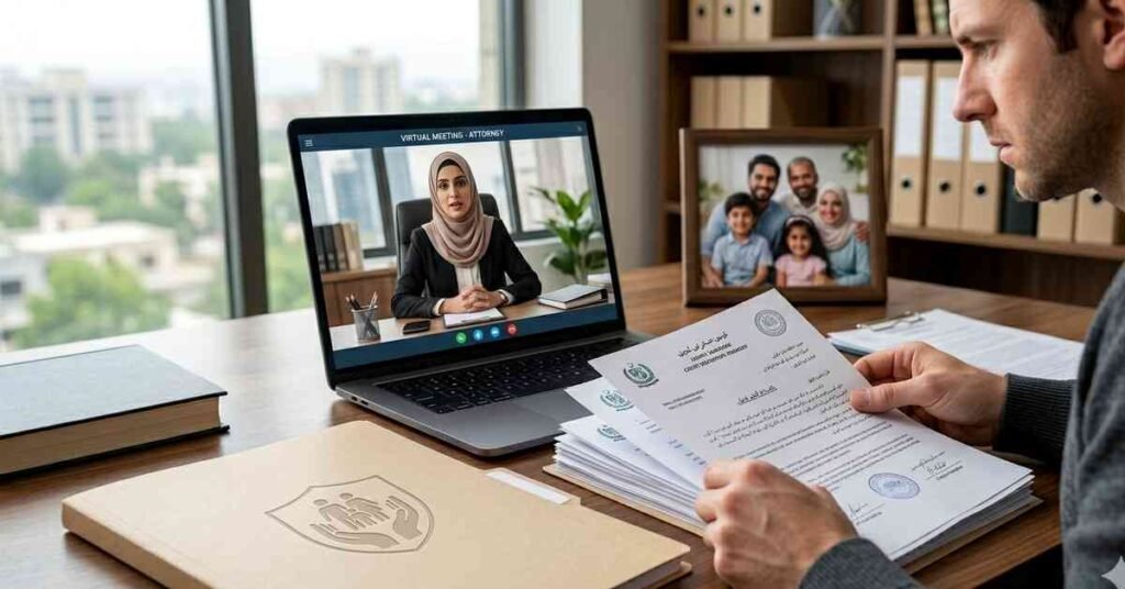 Parent reviews CPS documents while speaking with a lawyer online.