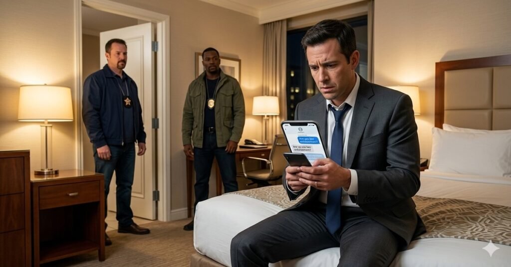 Man in a hotel room checking his phone as undercover officers stand at the door.