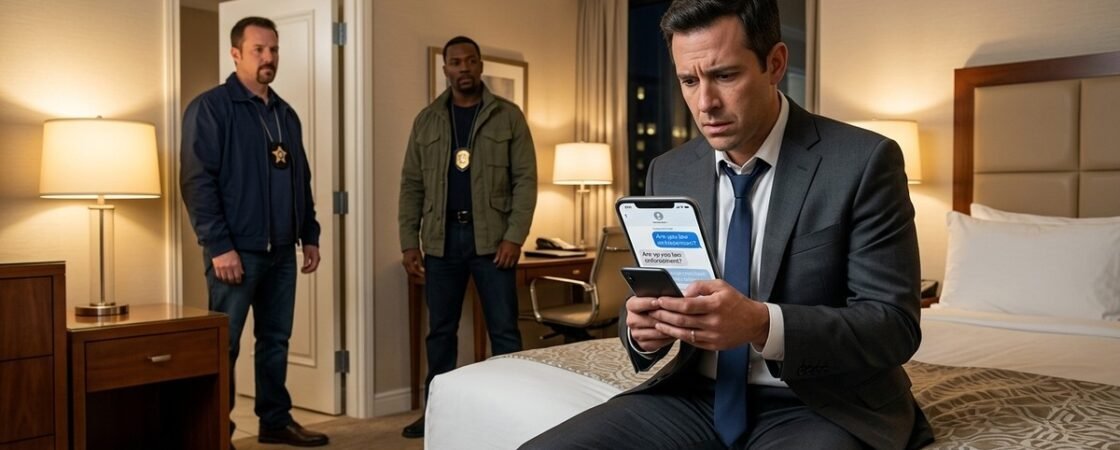 Man in a hotel room checking his phone as undercover officers stand at the door.