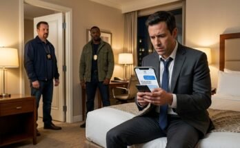 Man in a hotel room checking his phone as undercover officers stand at the door.