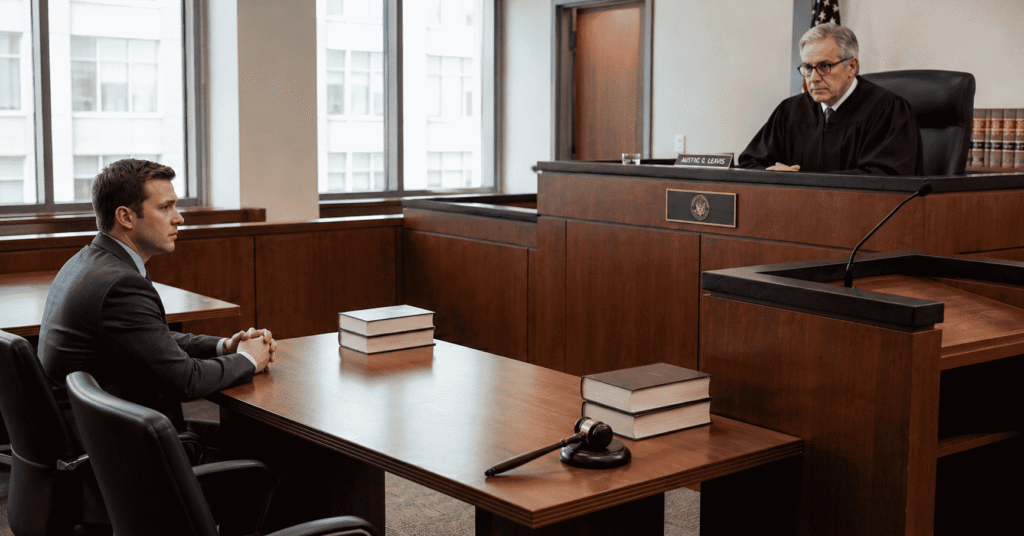 Judge hears a criminal case in court without a witness present.