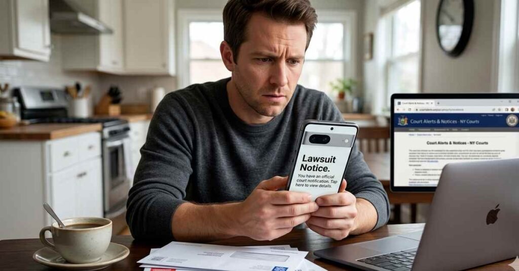 Man reading a lawsuit notification on his phone at home.