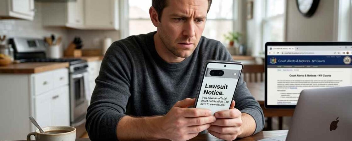 Man reading a lawsuit notification on his phone at home.