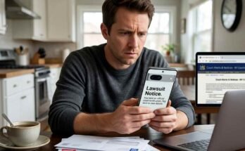 Man reading a lawsuit notification on his phone at home.