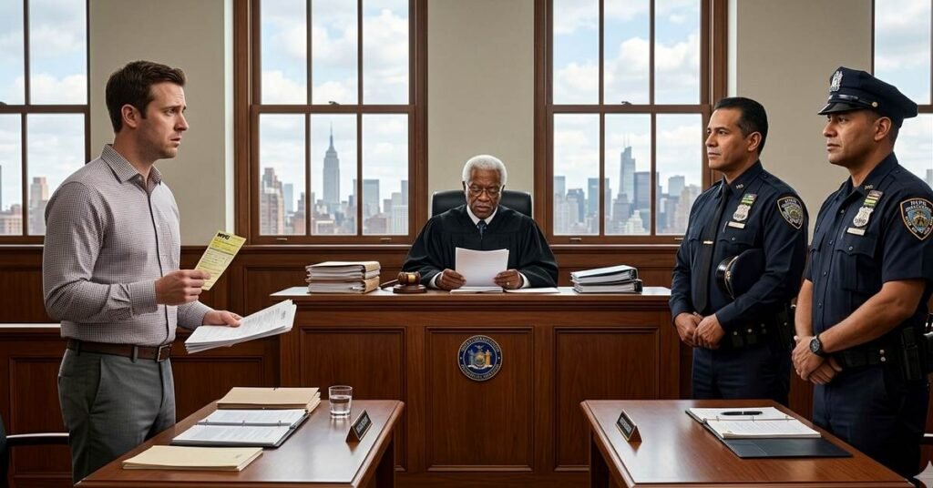 Driver appears in NYC traffic court as two police officers stand before the judge.