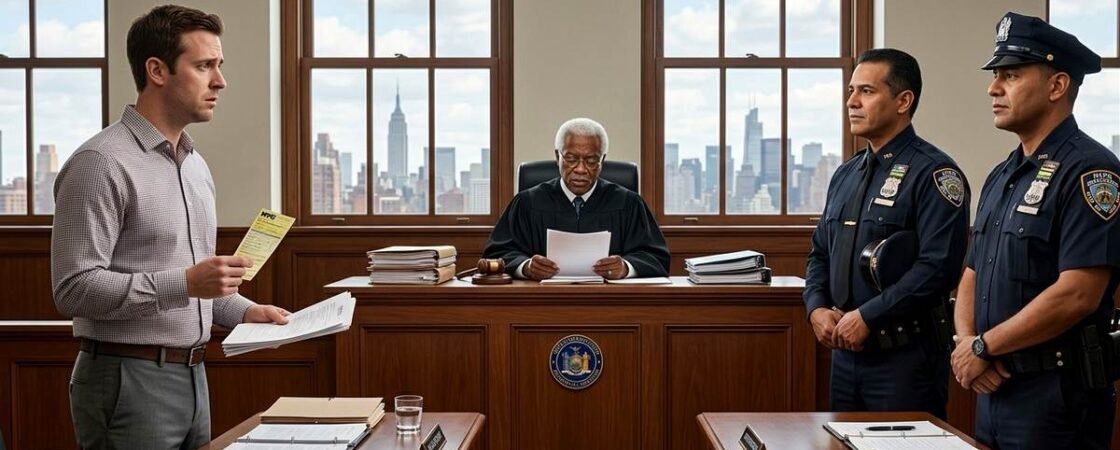 Driver appears in NYC traffic court as two police officers stand before the judge.
