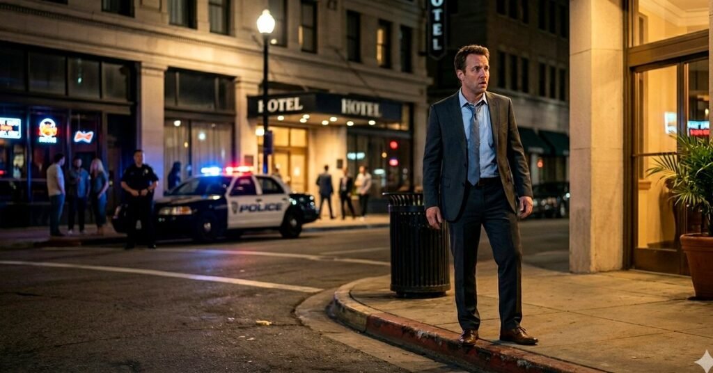 Confused man standing outside a hotel as police investigate across the street.