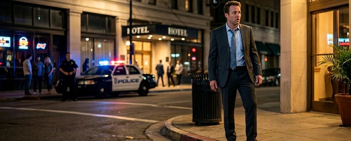 Confused man standing outside a hotel as police investigate across the street.