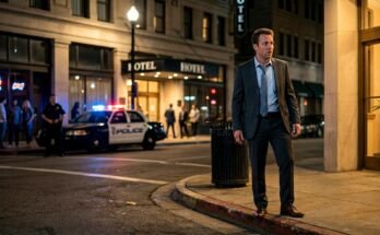 Confused man standing outside a hotel as police investigate across the street.