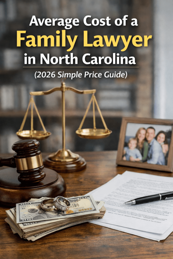 Average cost of a family lawyer in North Carolina with legal documents, gavel, and money