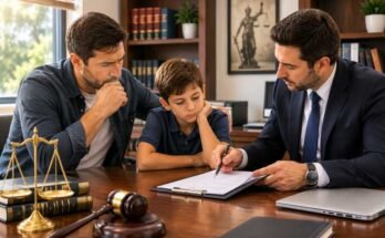 Father reviewing a child custody order with a family law attorney