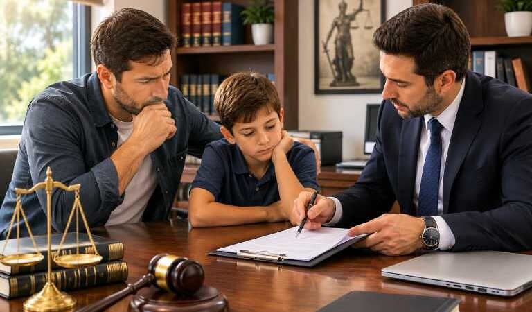 Father reviewing a child custody order with a family law attorney