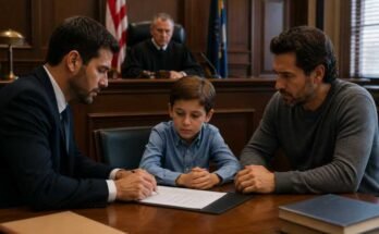 Father and child reviewing a family court order with an attorney