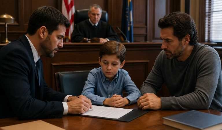 Father and child reviewing a family court order with an attorney
