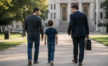 Father and child walking with a family law attorney after a joint custody meeting