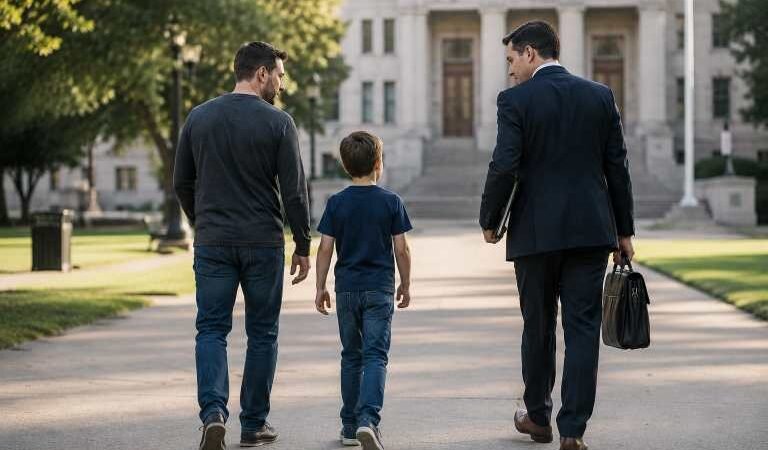 Father and child walking with a family law attorney after a joint custody meeting