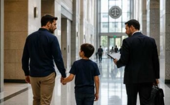 Father and child walking with a family law attorney in a courthouse
