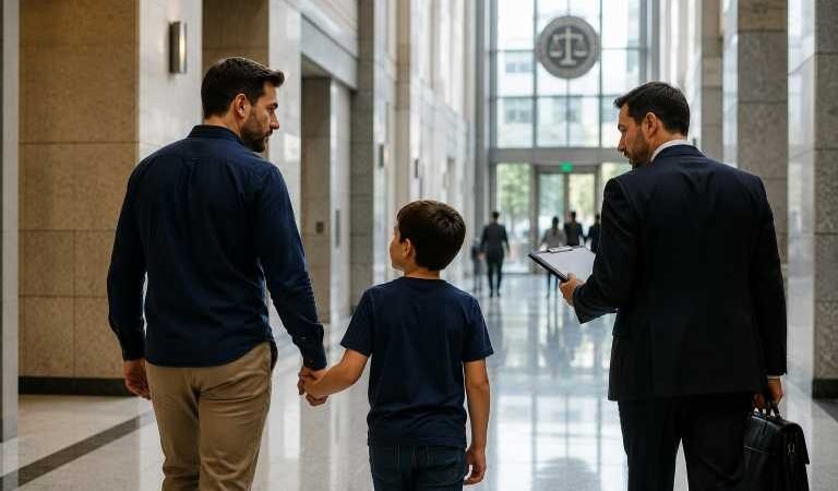 Father and child walking with a family law attorney in a courthouse