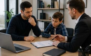 Father discussing a 50/50 child custody agreement with an attorney