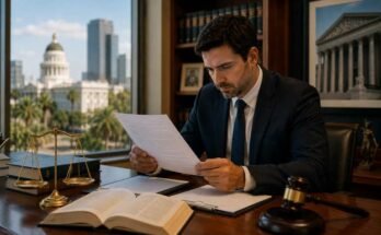 Attorney reviewing California family law documents in a legal office