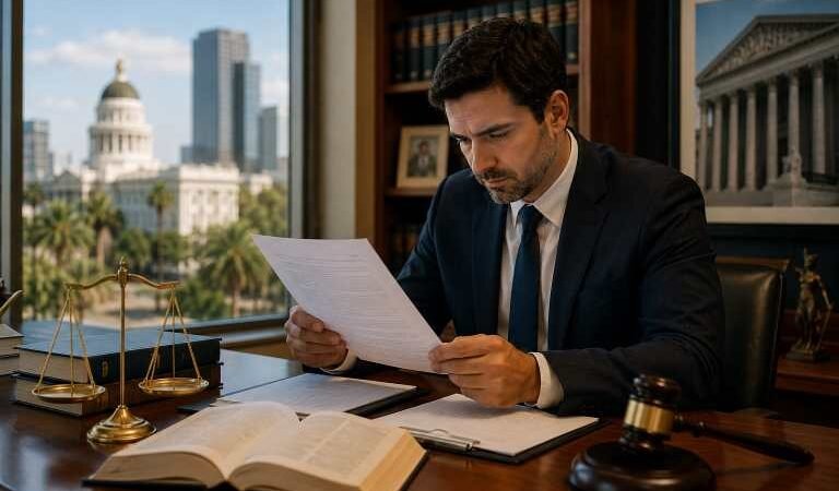 Attorney reviewing California family law documents in a legal office