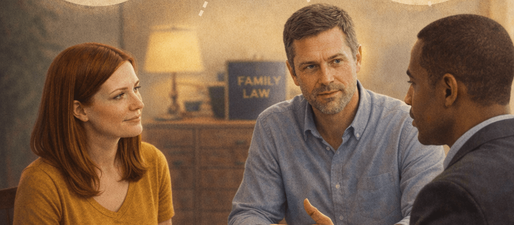 Family law attorney explaining parents’ legal rights to a couple during a consultation about child custody, parental responsibilities, and family legal decisions.