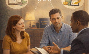 Family law attorney explaining parents’ legal rights to a couple during a consultation about child custody, parental responsibilities, and family legal decisions.