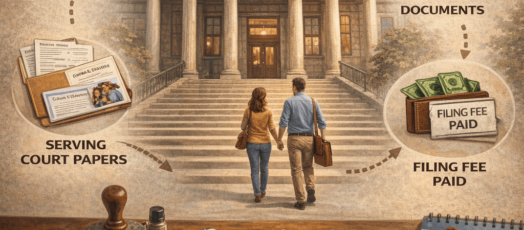 Illustration showing steps to submit a petition to the court, including preparing legal forms, gathering documents, paying filing fees, and filing paperwork at a courthouse.