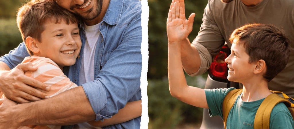 Father sharing warm moments with his child in two home and outdoor scenes, representing shared parenting and custody arrangements without text.