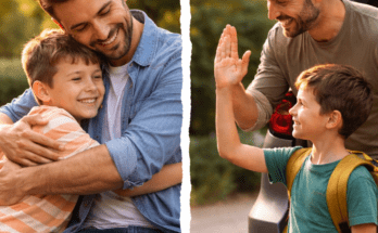 Father sharing warm moments with his child in two home and outdoor scenes, representing shared parenting and custody arrangements without text.