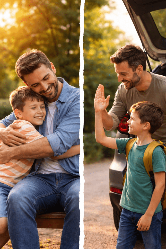 Father sharing warm moments with his child in two home and outdoor scenes, representing shared parenting and custody arrangements without text.
