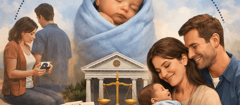 Closed adoption illustration showing legal process and adoptive family with child