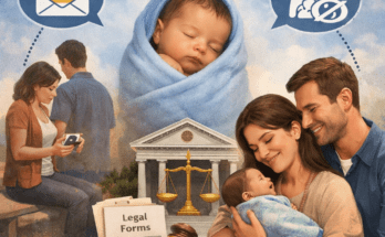 Closed adoption illustration showing legal process and adoptive family with child