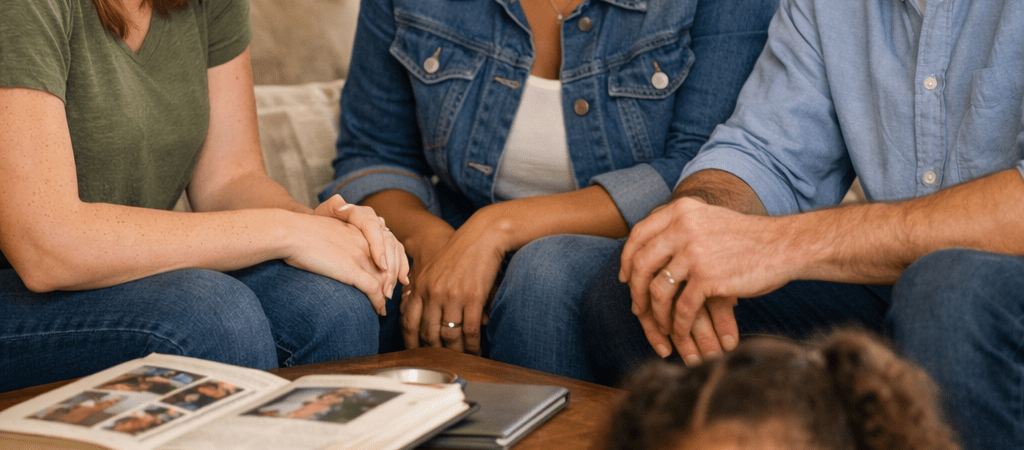 Adoptive parents and birth mother warmly interacting in a cozy living room while a happy child plays nearby, representing a positive open adoption family connection.