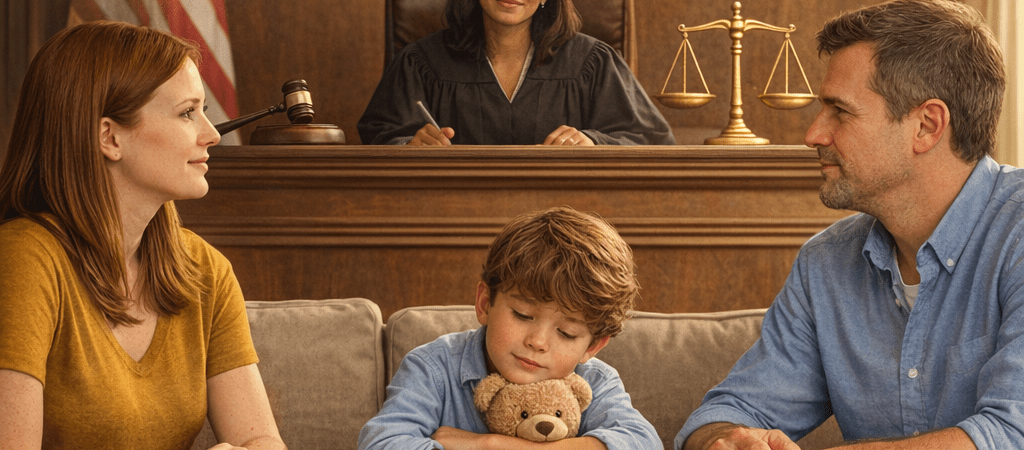 Courtroom custody hearing scene showing separated parents with their child in front of a judge, illustrating child custody arrangements and parenting plan decisions.